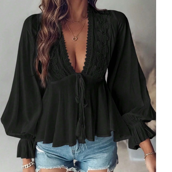 Boho Butterfly Embroidered Front Tie V neck Flounce sleeve Blouse - Picture 8 of 8